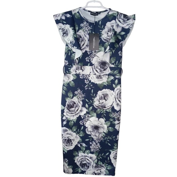 PLT Navy Floral Print Frill Detail Sleeveless Midi Dress Women's Size 12 - Picture 1 of 5